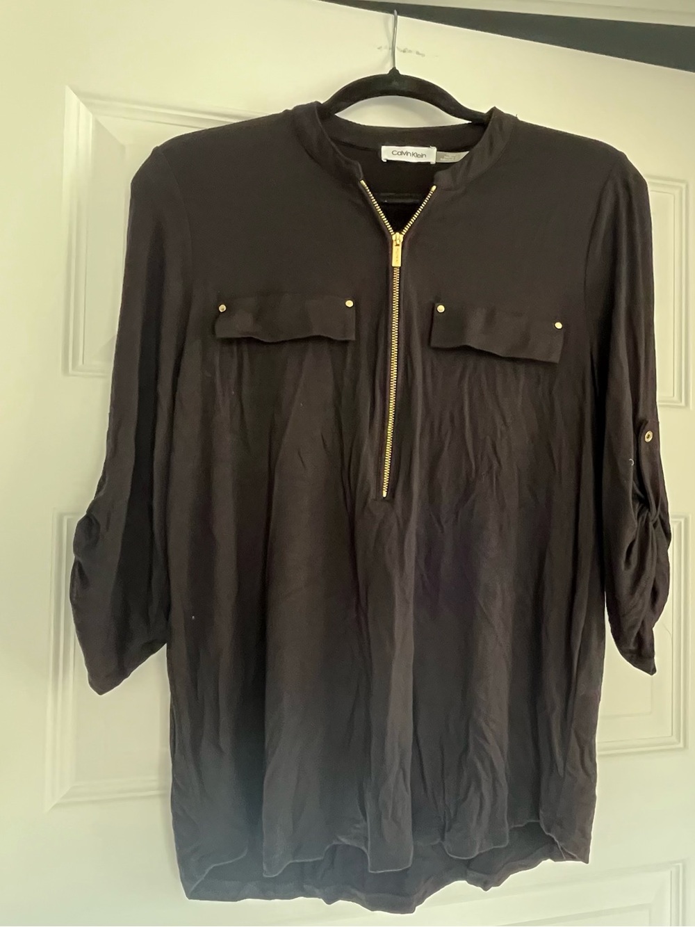 Calvin Klein Black Zip-Front Top with Gold Hardware